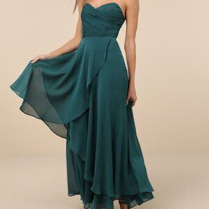 Lulu's Teal Strapless Chiffon Maxi Dress